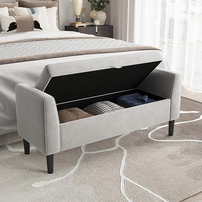 46.5" Storage Ottoman Bench – Upholstered End-of-Bed Storage Chest with Rolled Armrests & Wood Legs, Entryway Shoe Bench and Footrest Seat for Hallway, Bedroom & Living Room& Walk-in Closet (Gray)