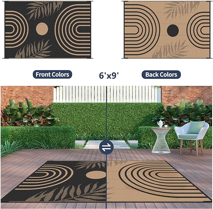 GENIMO Outdoor Rug 6' x 9' Waterproof for Patio Clearance, Reversible Plastic Straw Camping Carpet, Lightweight Rugs Mats for Rv, Backyard, Deck, Porch, Picnic, Balcony, Mix-Black & Brown