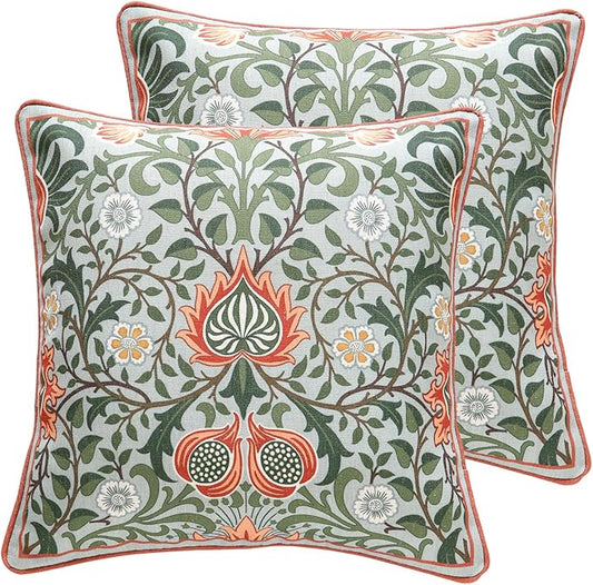 Design Square Retro Elegant Linen Throw Pillow Covers 18"x18" Pack of 2, Blue Gray Floral Pattern Cushion Covers Decor Pillowcases for Bed,Living Room,Outdoor,Car