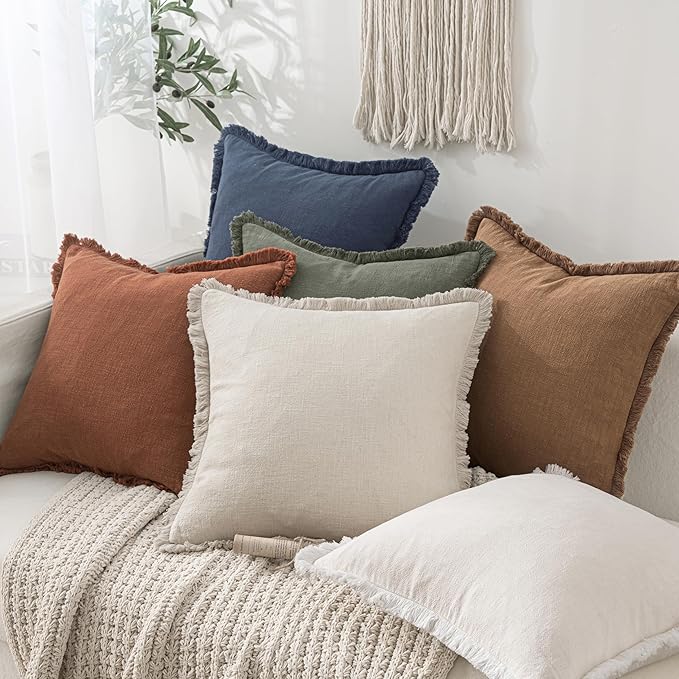 MIULEE Decorative Throw Pillow Covers Neutral Linen Fringe Throw Pillows Euro Shams Set of 2 Brown Boho Farmhouse Cushion Covers for Couch Sofa Bed Living Room Spring Home Decor 22x22 Inch