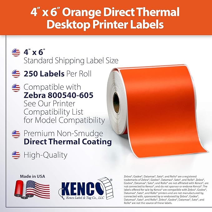 4" X 6" Direct Thermal Perforated Stickers Labels for Shipping Labels, Inventory, and Color Coding - Compatible with Zebra, Rollo, Godex and More (Orange, 6 Rolls)