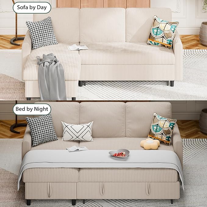 Shintenchi Sofa Couch, Pullout Sofa Bed,2 in 1 Pull Out Couch Bed with Storage Chaise for Living Room,Sleeper Sofa Couches Linen Sectional Sofa,White