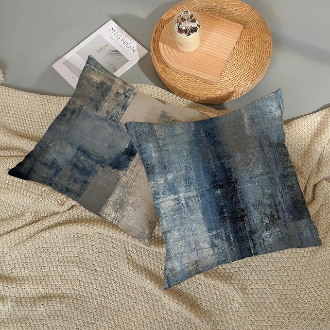 Boho Pillow Covers 18x18 Pack of 2 Blue Art Painting Decorative Throw Pillow Covers Outdoor Decor,Bohemian Abstract Modern Decor Pillowcase Farmhouse Linen Cushion Case for Home Couch Sofa