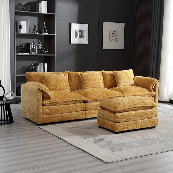 KEIKI 112" L-Shaped Chenille Modular Sectional Chenille Sofa with 1 Movable Ottoman & Memory Foam Cushion, Upholstered Oversized 4-Seater Couch, Easy Assembly, for Apartment, Living Room, Yellow