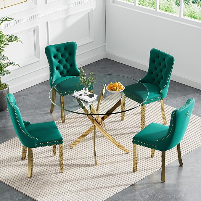 Goujxcy 5 Piece Round Glass Dining Table Set for 4, 36" Round Dining Table & Chair Set Modern Circle Glass Kitchen Table and 4 Velvet Upholstered Chairs for Kitchen Dining (Gold Table & Green Chair)