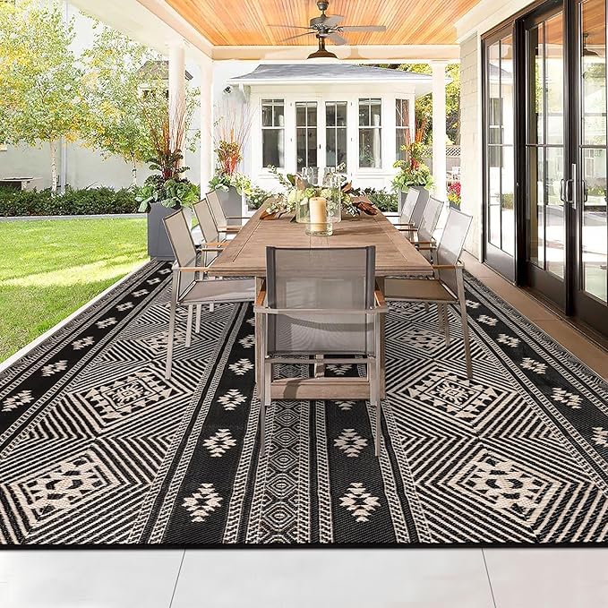 HiiARug Outdoor Rug for Patio Clearance,10'x14' Waterproof Mat,Beach Mat,Reversible Plastic Camping Rugs,Rv,Front Porch Decor,Deck,Camper,Balcony,Backyard,Boho Black