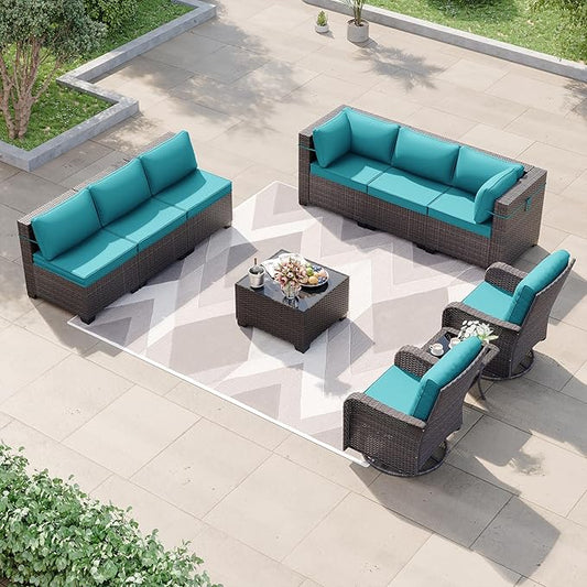 Kurapika 10 Pieces Patio Furniture Set, Rattan Wicker Sofa Set, Outdoor Conversation Sets w/Swivel Rocking Chairs Patio Sectional Sofa w/4 Inch Cushion, Blue