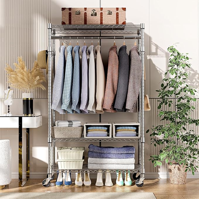 Heavy Duty Rolling Garment Rack 3 Tiers Adjustable Wire Shelving Clothes Rack with Rods and Side Hooks,Storage Closet Clothing Rack with Wheels Chrome 15.7" D x 29.5" W x 74.5" H