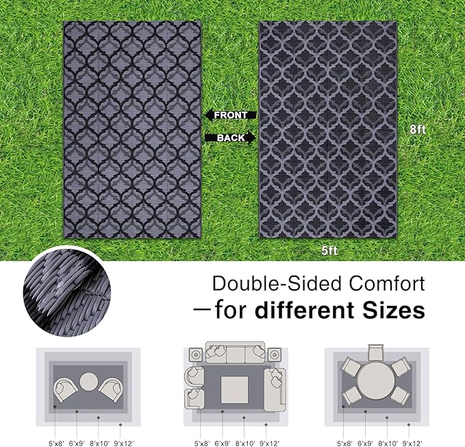 OLANLY Reversible Outdoor Rug 5x8 ft Clearance, Waterproof Outdoor Plastic Straw Rug with Interlacing Pattern, RV Mat for Patio, Camping, Balcony, Deck, Backyard, Black & Grey