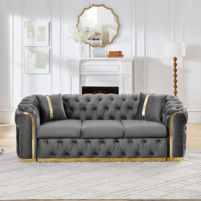 KEIKI 91" Luxury Oversized Velvet Chesterfield Sofa with Gold Stainless Steel Accents and 2 Pillows, Mid-Century Style 3-Seater Button Tufted Couch, Easy Assembly, for Apartment, Living Room, Gray