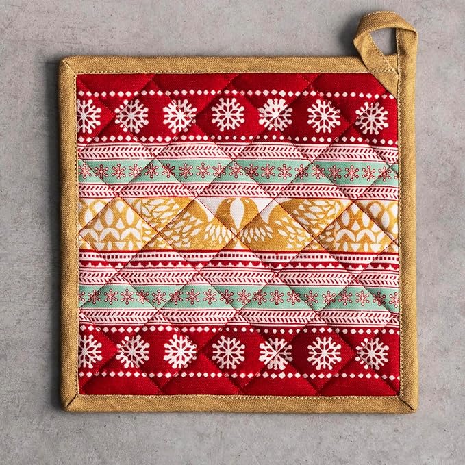 Maison d' Hermine 100% Cotton Oven Mitt & Pot Holder Set (7.5"x13" & 8"x8") Heat Resistant BBQ Cooking Gloves with Loop for Thanksgiving Christmas Decorations Handling Hot Pans (Sofia)