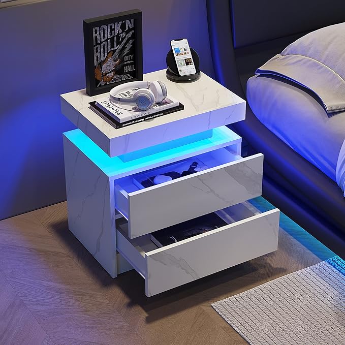 LED Nightstands, Modern End Side Table with 2 Drawers, LED Bedroom Furniture for Bedroom and Living Room, White Marble Pattern