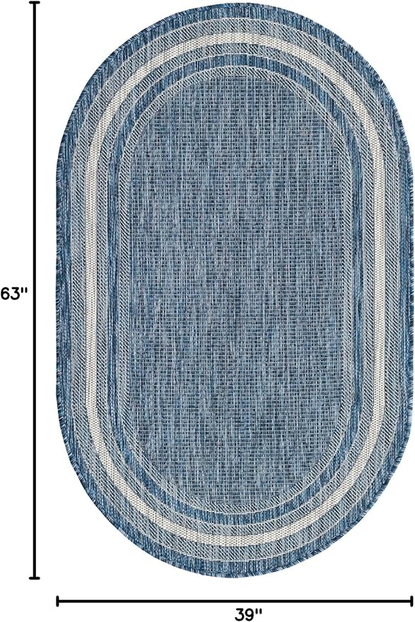 Unique Loom Outdoor Border Collection Area Rug - Soft Border (3' 3" x 5' 3" Oval, Blue/ Ivory)