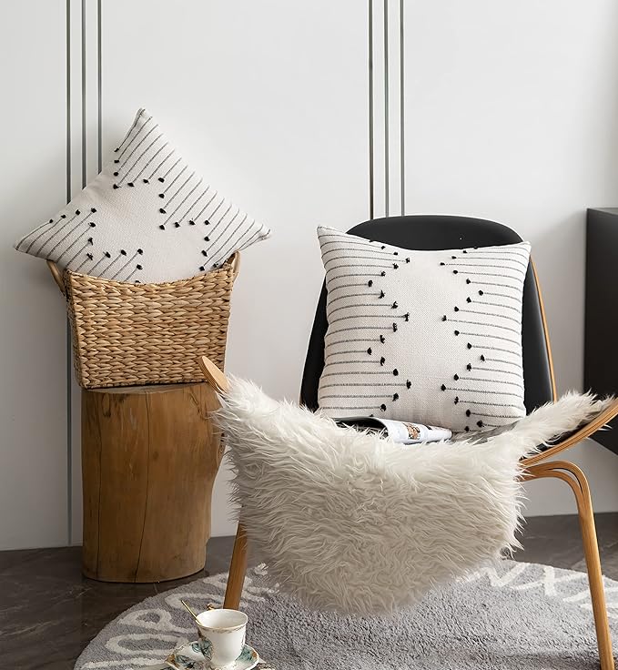 Caflife Boho Throw Pillow Covers 24x24 Set of 2 Decorative Pillows for Bed, Neutral Pillow Covers Beige with Black Line Throw Pillows for Modern Farmhouse Couch Sofa Living Room Outdoor