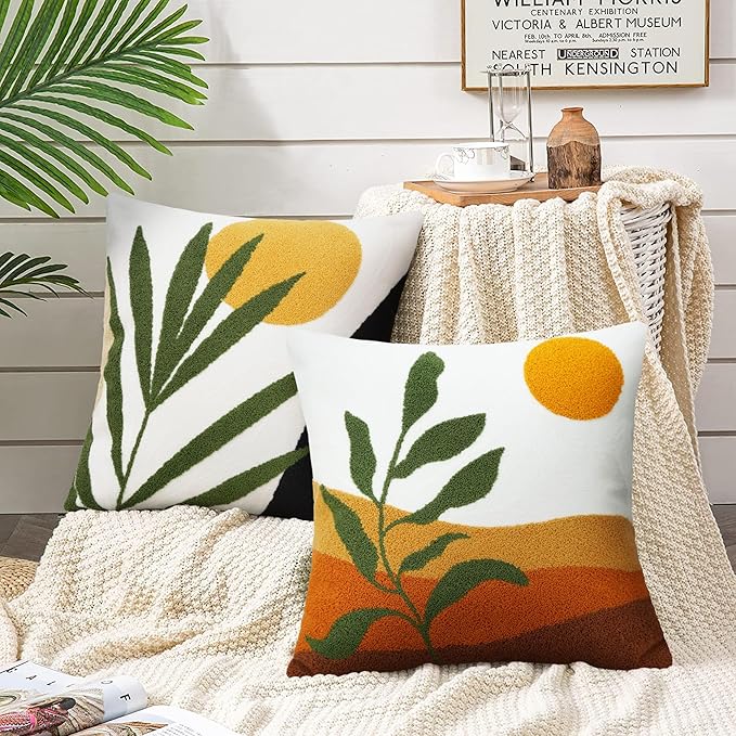 Merrycolor Boho Decorative Throw Pillow Covers Abstract Tufted Mid Century Modern Throw Pillows Leaf Sun Aesthetic Textured Pillow Cover Green Decorative Throw Pillows for Bed Couch Sofa,18x18