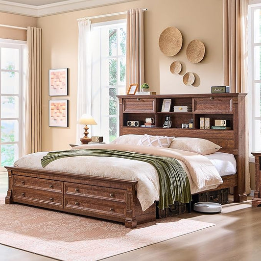 Farmhouse King Size Bed Frame with 54" Tall Headboard, Headboard with 4 Storage Rack, 2 Drawers, Wood Platform Bed Frame,18" Roman Column Decoration Footboard, No Box Spring Needed(Reclaimed Barnwood)