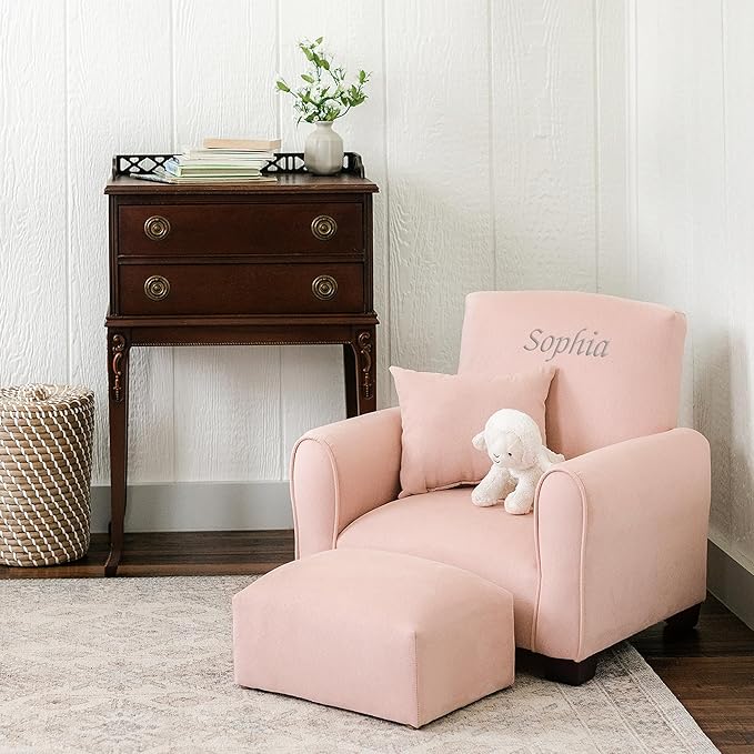 Toddler Personalized Armchair, Kids Upholstered Rocking Chair with Personalization, Toddler Chair with Personalized Name, Comfy Child Armchair, (Blush Suede, Rockers)