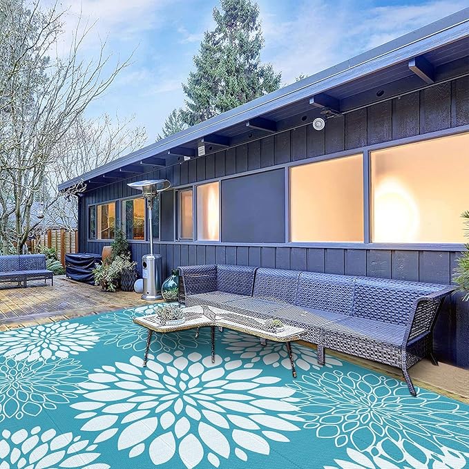 Ileading Reversible Outdoor Rug 9x12Ft Waterproof Patio Rug Carpet Portable Outdoor Plastic Straw Rug Large RV Camping Mat Rug for Patio, Clearance, Deck, Beach, Porch, Camping, Picnic, Teal