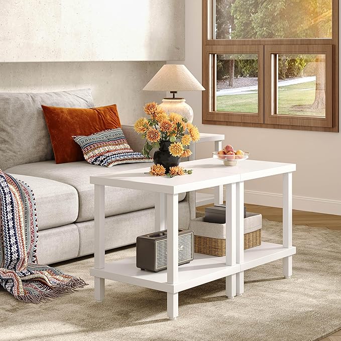 Large End Table Square Side Table Modern Sofa Table 20 Inch Industrial Coffee Table NightStand with 2-Tier Storage Shelf for Living Room Bedroom White MLBZ06W
