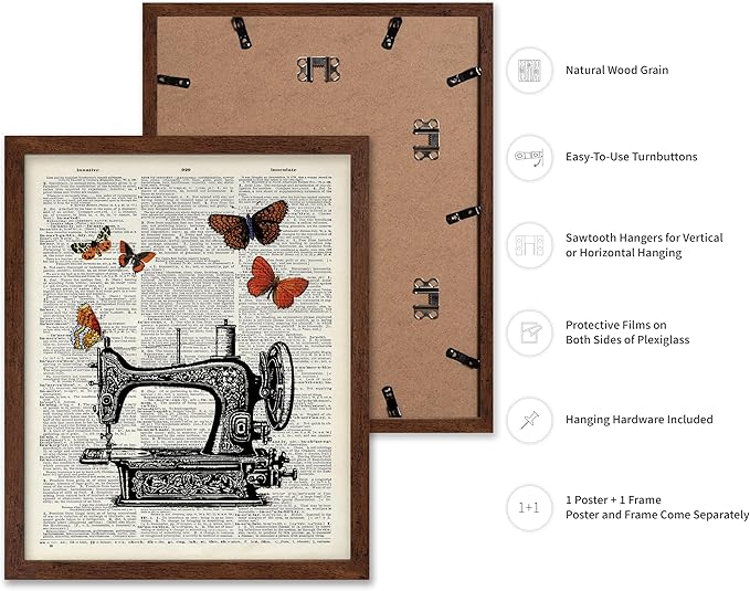 Poster Master Dictionary Art Poster - Sewing Machine Print - Sewing Art - Butterfly Art - Gift for Men, Women & Dressmaker - Chic Decor for Living Room, Bedroom or Office, 16x20 Brown Framed