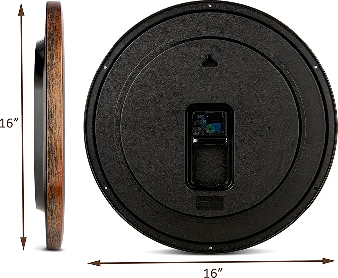 Bernhard Products Vintage Brown Wall Clock Silent Non Ticking 16 Inch Extra Large Quality Quartz Battery Operated Round Decorative Easy to Read for Home Kitchen Living/Dining Room Bedroom Office