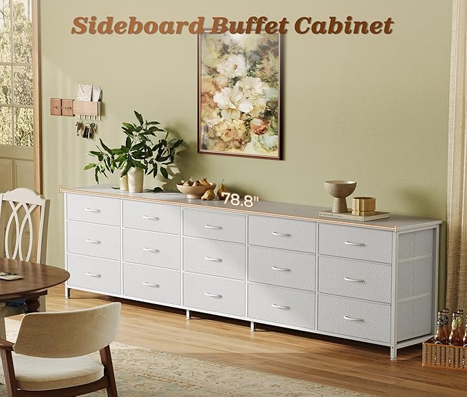 Huuger 78.7 inch Long Dresser for Bedroom, 15 Drawer Fabric Dresser for Closet, Large TV Stand for 65, 75, 85 inch TV, Wide Chest of Drawer with Storage, 78.7" W x 12.9" D x 26.7" H, White