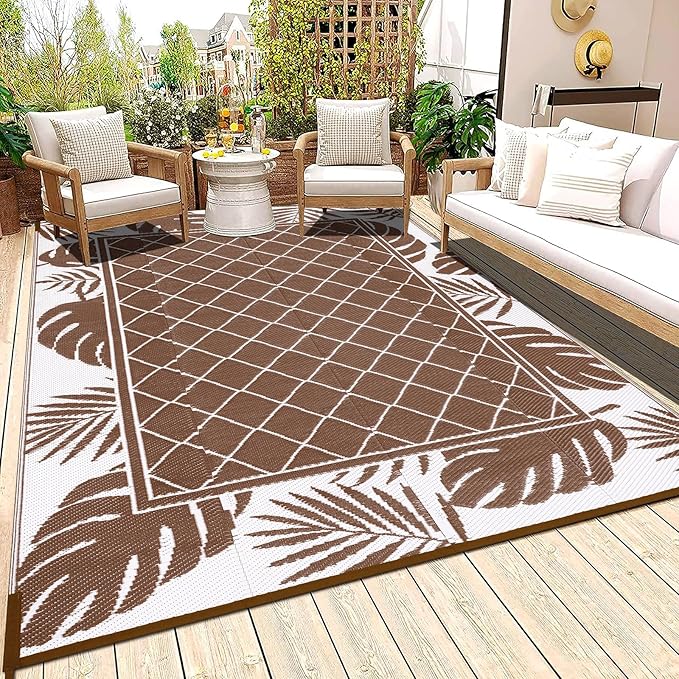 Ileading Outdoor Rug Carpet for Patio 5' x7' Waterproof Reversible Plastic Straw Rug Portable Outside Area Rug Camping Mat for Patio, Clearance, Balcony, Picnic, Pool, Beach, RV, Deck, Leaf Brown