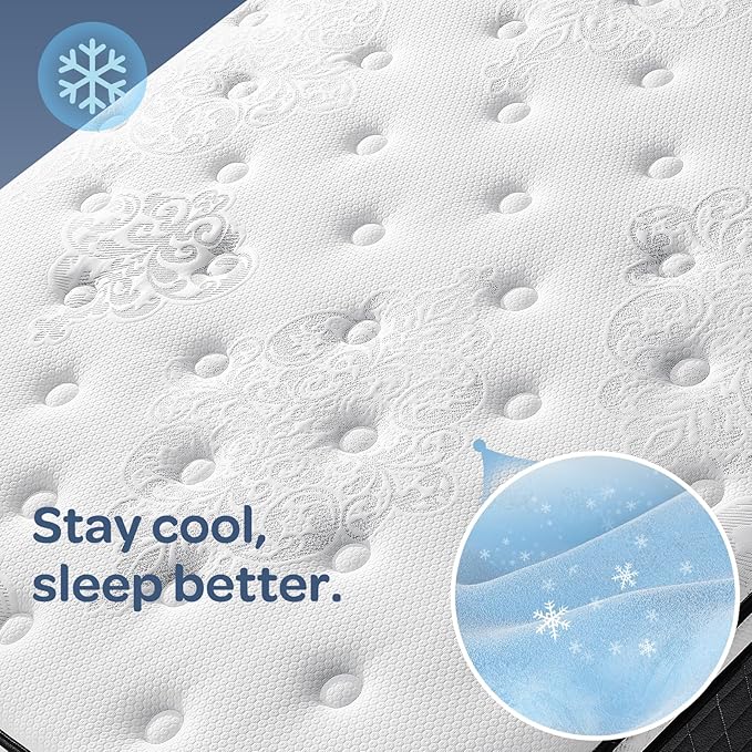 OhGeni 14 Inch Cooling Queen Size Mattress, Hybrid Gel-Infused Memory Foam Bed Mattresses in a Box, Medium Feel Cool Top Fabric, Individual Pocket Innerspring, 3-Zone Design & Reinforced Edge Support
