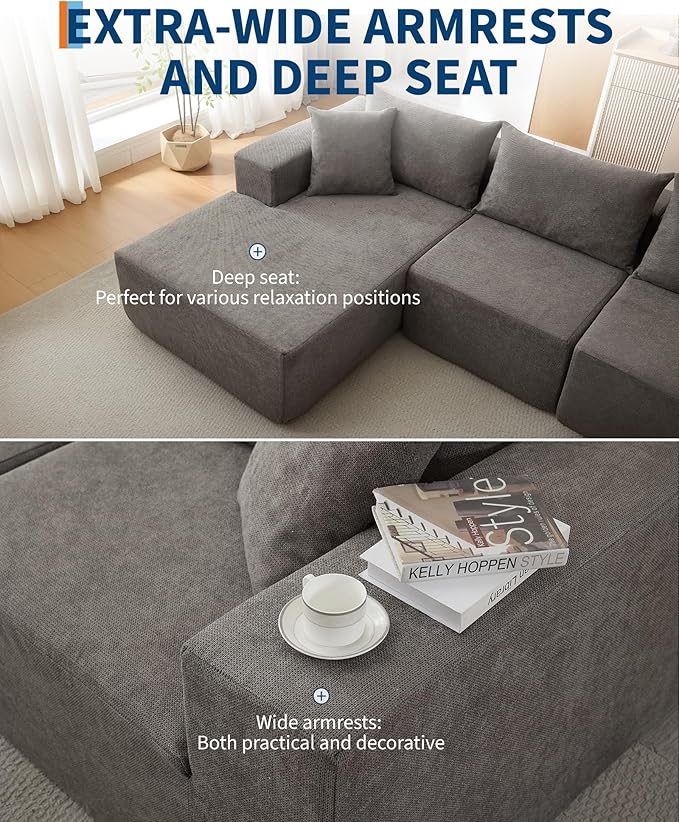 Garvee 108" Modular Sectional Sofa,Cloud Couch Sectional with Left Chaise | Compressed l Shaped Sofa for Living Room | Boneless Couch & Sofa Bed Design,No Assembly Required, Gray