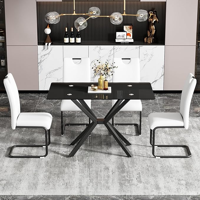 Modern Rectangular Glass Dining Table with Tempered Glass Top and Metal Legs - Perfect for Home, Kitchen, or Dining Room