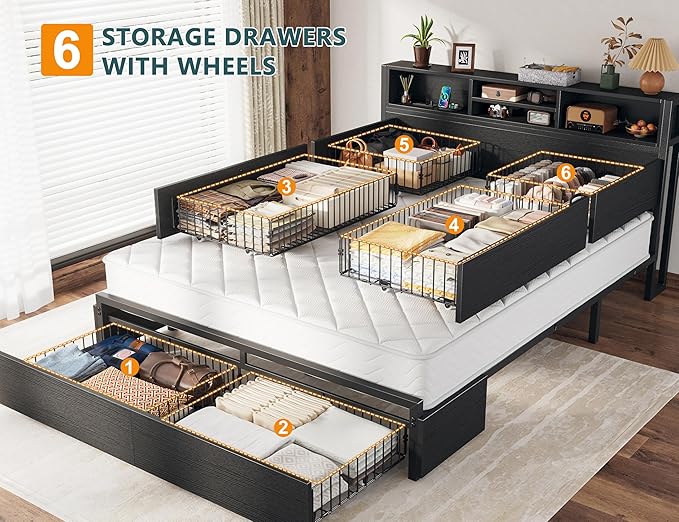 EnHomee Queen Bed Frame with 6 Storage Drawers Queen Size Bed Frame with Headboard, Storage Bed with Charging Station, No Noise,No Box Springs Needed,Black