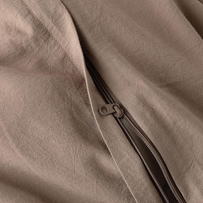 JIYUAN 100% Washed Cotton Duvet Cover Set 3 Pieces Super Queen, 1 Duvet Cover 90x98 Inches(Comforter Not Included) and 2 Pillowcases,Linen Feel Bedding Set Comfy and Breathable,Light Brown