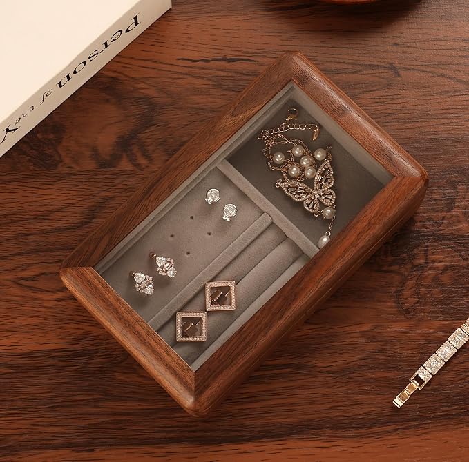 Walnut Jewelry Storage Box with Glass Lid, Multi-Functional Wooden Jewelry Organizer, Soft Velvet Interior, Natural Wood Craft Display Box for Rings, Earrings, Necklaces, Valentine’s Day Gift