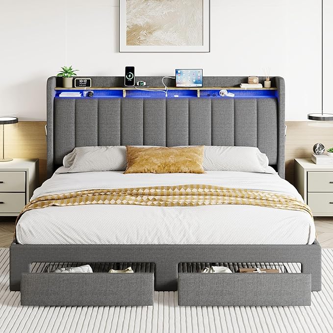 SHA CERLIN King Size Platform Bed Frame with Vertical Channel Tufted Wingback Headboard & 2 Storage Drawers/2-Tier Shelves with LED Lights & Charging Station/Noise-Free/No Box Spring Needed/Dark Grey