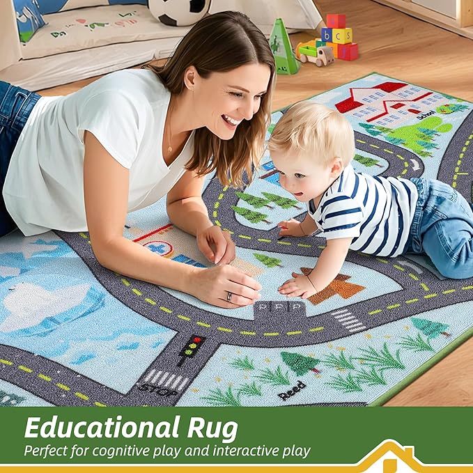 BEQHAUSE Kids Rug City Life, 32”x60” Educational Road Traffic Kids Rug, Non Slip Washable Play Mat Carpets for Children's Bedroom Playroom Nursery Room Decor