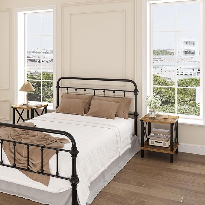 Large End Table Farmhouse Side Table Industrial Style Sofa Table Coffee Table Metal X Accent Wood End Table NightStand with Storage Shelf for Living Room Bedroom MLBZ16R