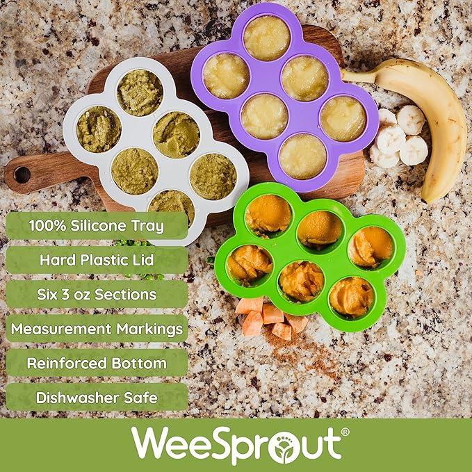 WeeSprout Silicone Freezer Tray with Clip on Lid Perfect Food Storage Container for Homemade Baby Food, Vegetable, Fruit Purees, and Breast Milk (Bright Grey, Six 3 Ounce Sections)