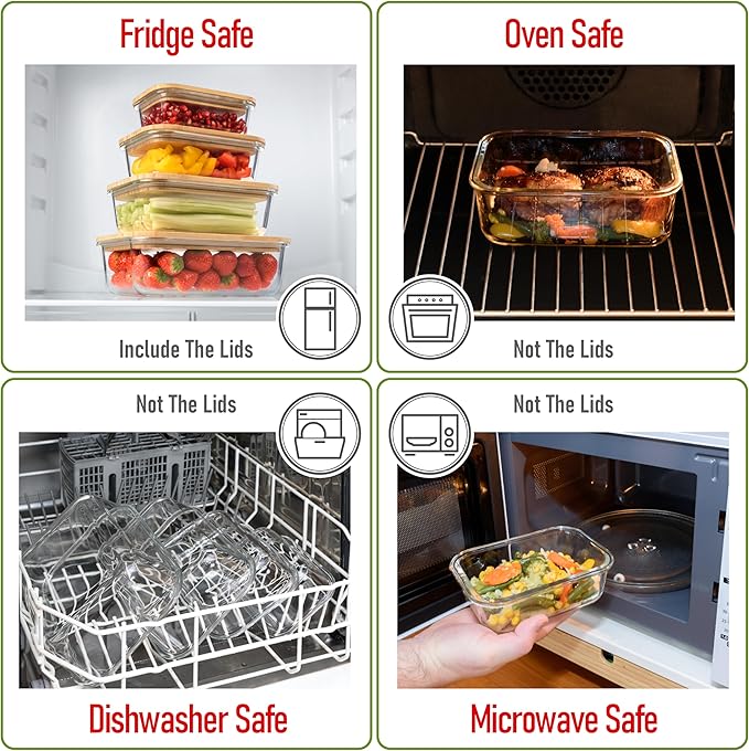 Set of 4 Stackable Space-Saving Nesting Glass Containers with Airtight Bamboo Lids - Lunch, Meal & Food Prep - Microwave & Oven Safe BPA Free Durable Heat Resistant Inert Borosilicate Glass