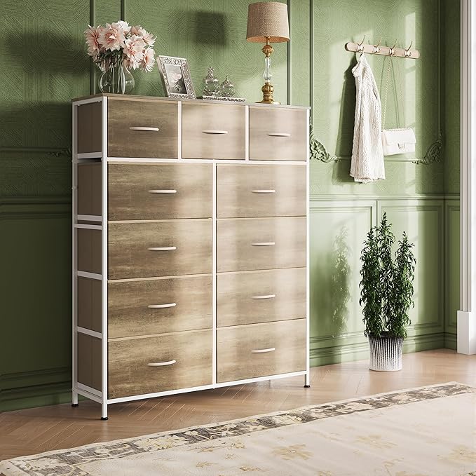 WLIVE Storage Organizer Unit with 11 Fabric Bins, Storage Drawers Organizer with Steel Frame, Tall Storage Tower Organizaton for Living Room, Hallway, Office, Greige