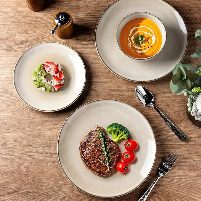 AmorArc Stoneware Dinnerware Sets for 6, 18 Pieces Handpainted Ceramic Plates and Bowls Set, Scratch Resistant Dishes Set, Dishwasher & Microwave Safe, Cappuccino