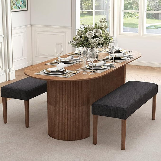 Farmhouse Upholstered Dining Bench Seat Set of 2, 45" Linen Entryway Bench with Natural Wood Legs, Mid Century Modern End of Bed Bench for Kitchen Bedroom Living Room Hallway, Charcoal