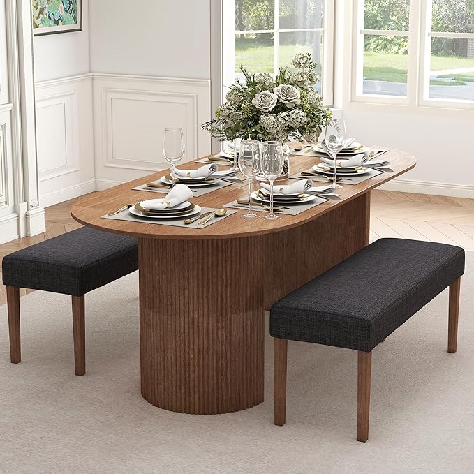 Farmhouse Upholstered Dining Bench Seat, 45" Linen Entryway Bench with Natural Wood Legs, Mid Century Modern End of Bed Bench for Kitchen Bedroom Living Room Hallway, for 2-3 Person, Charcoal