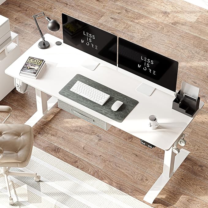 FEZIBO 63 x 24 Inches Standing Desk with Drawer, Adjustable Height Electric Stand up Desk with Storage, Sit Stand Home Office Desk, Ergonomic Computer Desk, White