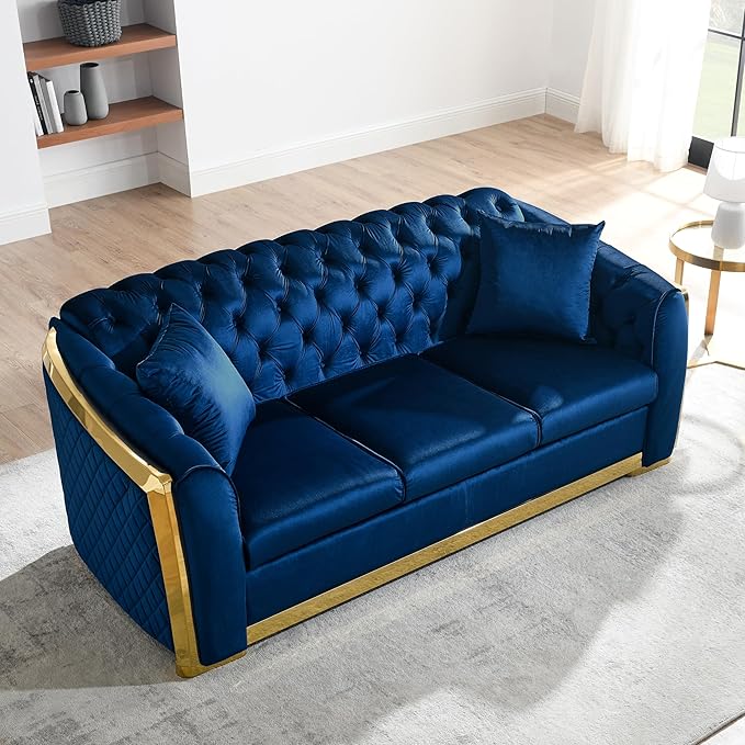KEIKI 81" Luxury Oversized Velvet Chesterfield Sofa with Gold Stainless Decoration, Mid-Century Style 3-Seater Couch with Tufted Back and Rolled Arms, Easy Assembly, for Apartment, Living Room, Blue
