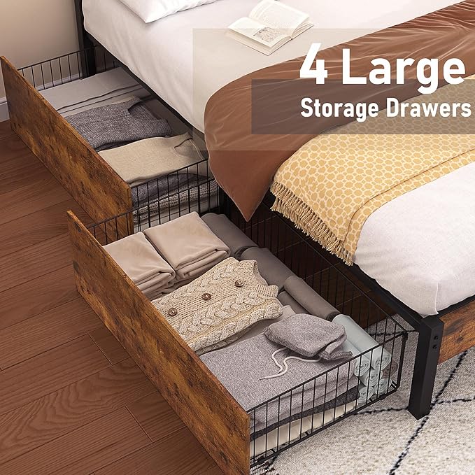 VECELO Full Platform Bed Frame with 4 Drawers and Vintage Wood Headboard, Large Storage, Strong Metal Slats Support, No Box Spring Needed, Rustic Brown