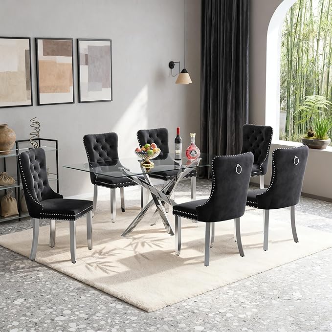 Goujxcy 51" Glass Dining Table Set for 6, Modern Kitchen Table and Chairs Set w/Steel Legs, 7-Piece Dining Table Set w/Glass Silver Dining Table and 6 Black Velvet Chairs for Kitchen Dining Room