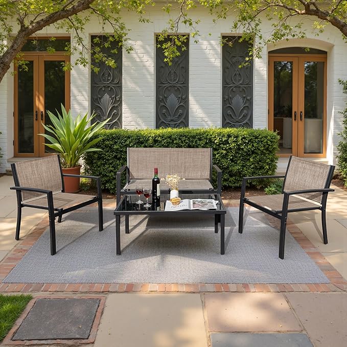 Greesum 4 Pieces Outdoor Furniture Set All Weather Patio Conversation Set with Porch Loveseat, Garden Bistro Chairs with Glass Coffee Table for Garden Backyard Poolside Textile Modern, Brown