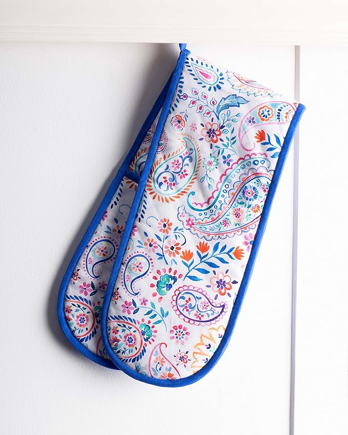 Maison d' Hermine Double Oven Mitts 100% Cotton 7"x35" Double Oven Mitt Heat Resistant BBQ Cooking Gloves with Loop, Baking, Grilling, Home, Kitchen, Handling Hot Pans Spring Summer (Indian Floral)