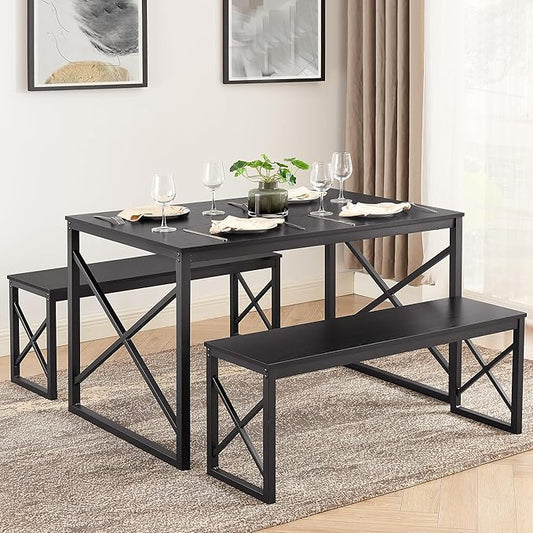 VECELO Kitchen Table with 2 Benches for 4, Wood Dining Room Dinette Sets with Metal Frame for Breakfast Nook and Small Space, Black