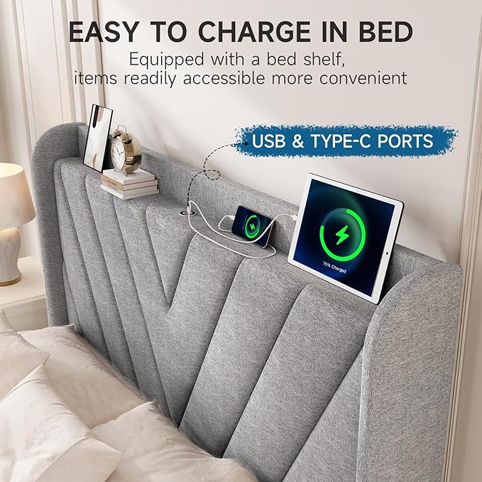 koorlian Full Size Bed Frame, Full Bed with Headboard, Adjustable Upholstered Bed Frame with Type-C&USB Port, Wingback Storage Headboard, Noiseless, No Box Spring Needed, Light Gray